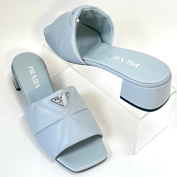 Prada Blue Quilted Sandals Block Heel Square Toe Women Leather Slides Size 39 - Picture 1 of 11
